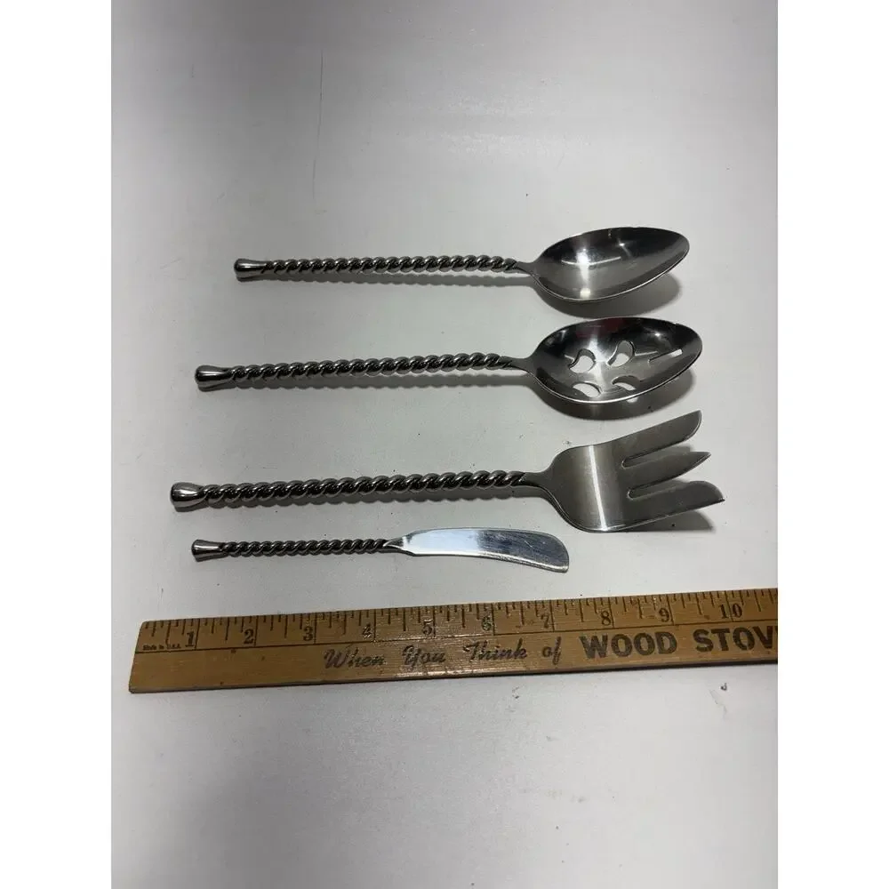 Twisted Handle 10” Stainless Steel Serving Set Spoon Fork Slotted Barware